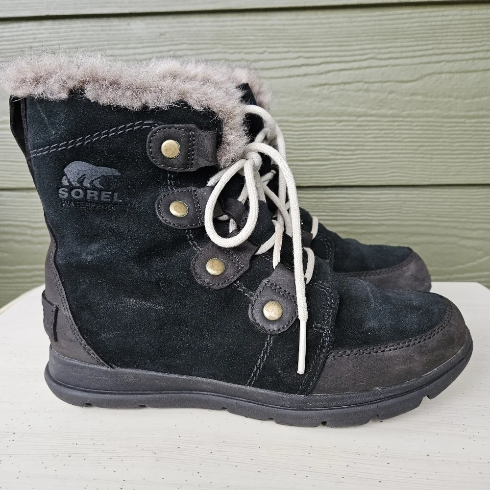 Sorel Explorer Joan Boots Waterproof Black Suede Faux Fur Womens Size 6 EU 37